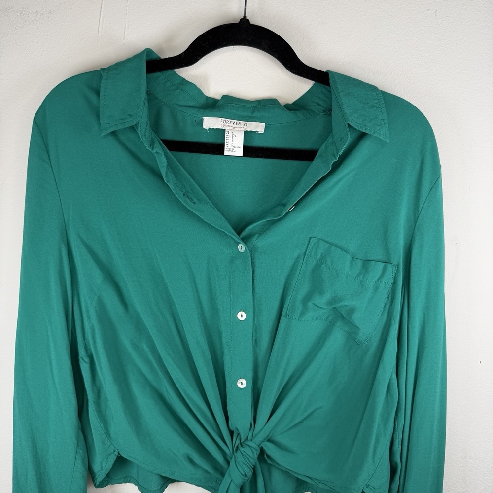 Forever 21 blue button up long sleeve shirt size Large Color Green Soft Office